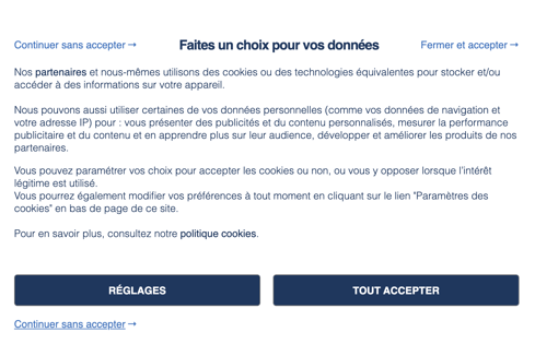 Bandeau de consentement sur le JDN